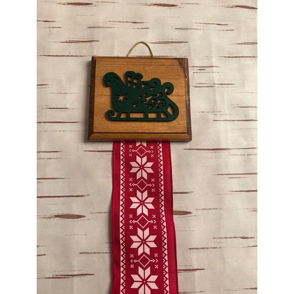 Holiday Card Holder Wooden Topper Green Christmas Tree Red Plaid Wide Ribbon - Picture 4 of 5